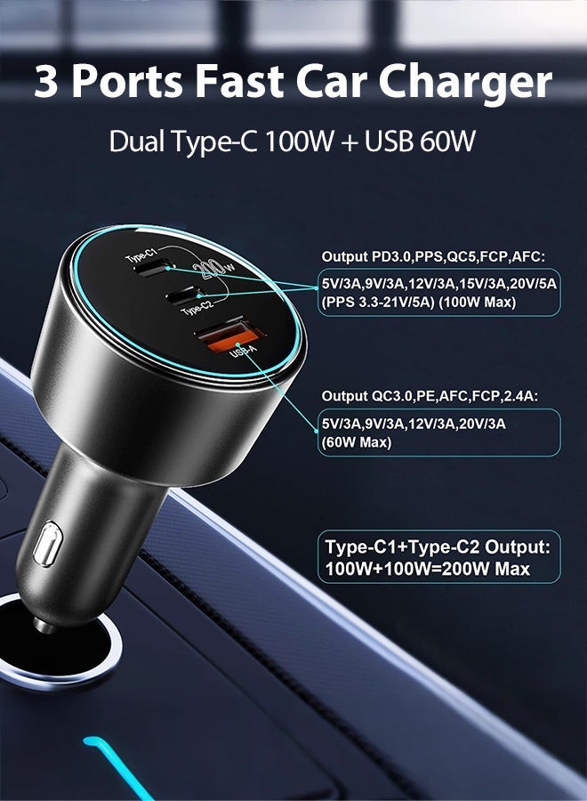 بينريك شاحن سيارة USB C بسعة 200 واط مع شحن سريع، محول شاحن سيارات من النوع C مزدوج PD بقوة 100 واط للسيارات، PD3.0/QC4.0/PPS/AFC/FCP فائق الشحن السريع لآيفون 17/16/15، آيباد برو، جالاكسي S24/S23 ألترا، هواوي ماتيه70، ماك بوك، لابتوب وغيرها (مع كابل USB-C بقوة 100 واط). - Image 2